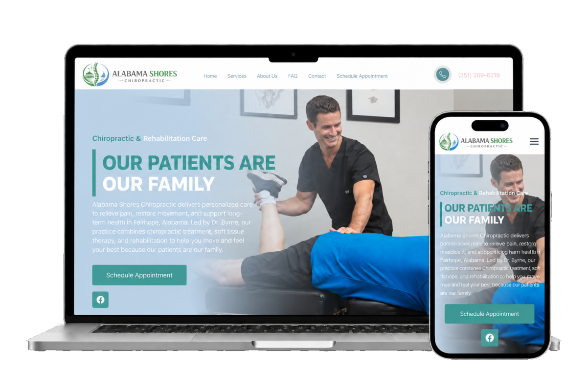 Alabama Shores Chiropractic website displayed on a front-facing laptop and phone
