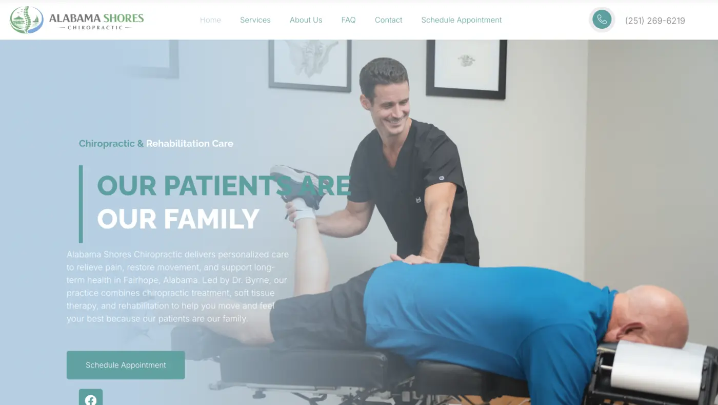 Alabama Shores Chiropractic website displayed in a browser
