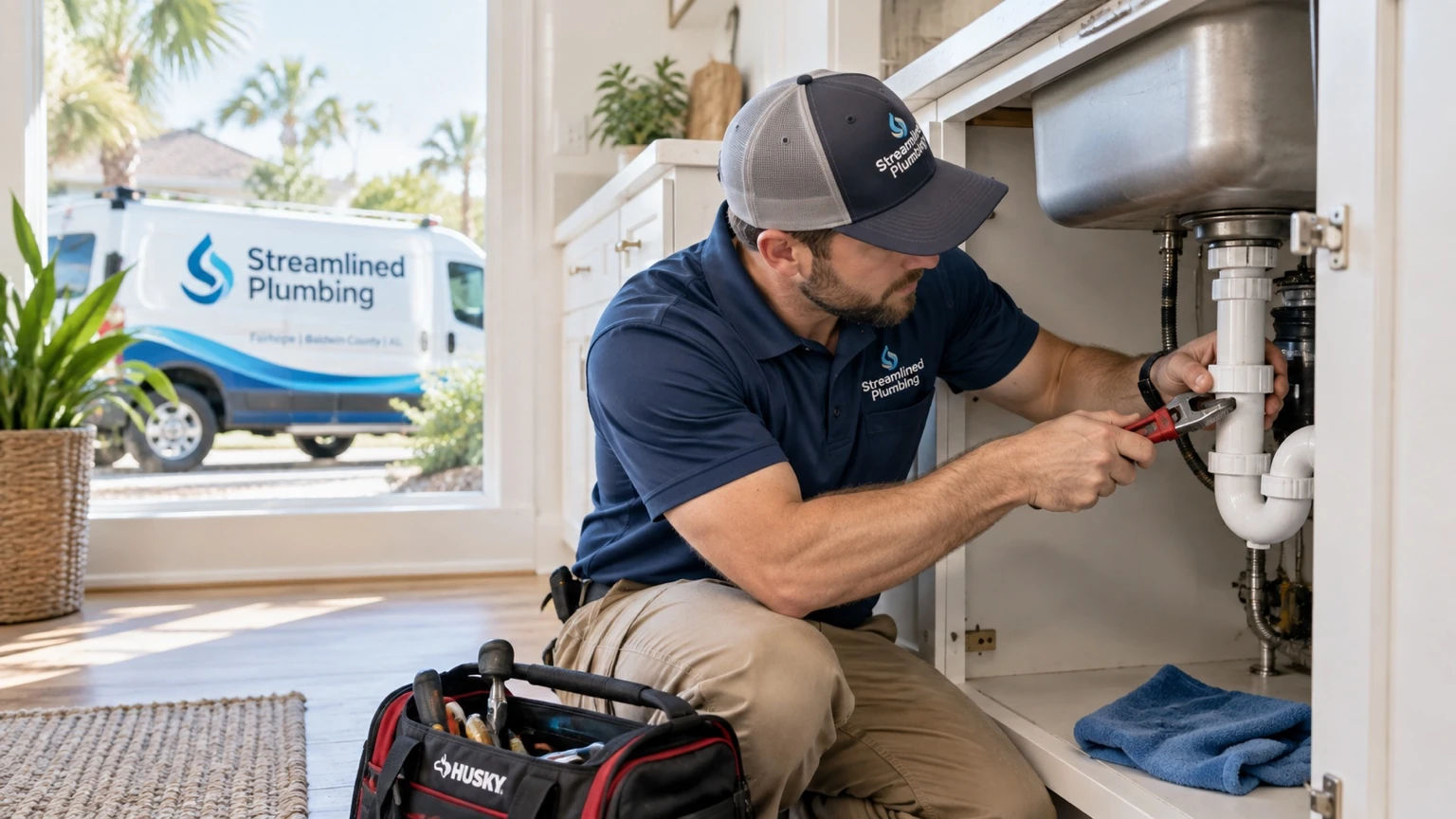 Streamlined Plumbing crew and branded service van