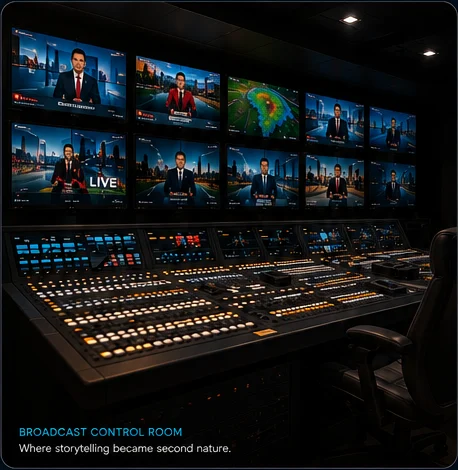 Broadcast control room with multiple news monitors and a production console